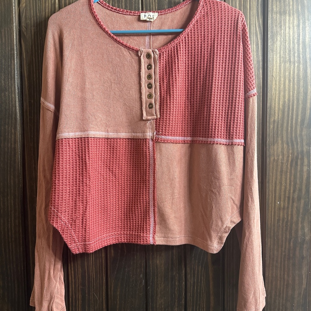 POL Two-Tone Pink Patchwork Waffle Henley Sweatshirt